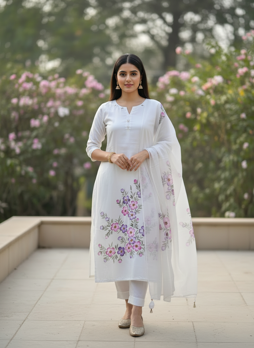 Handpainted Semi Crepe Elegant White Unstitched Suit Set with Chinon Dupatta