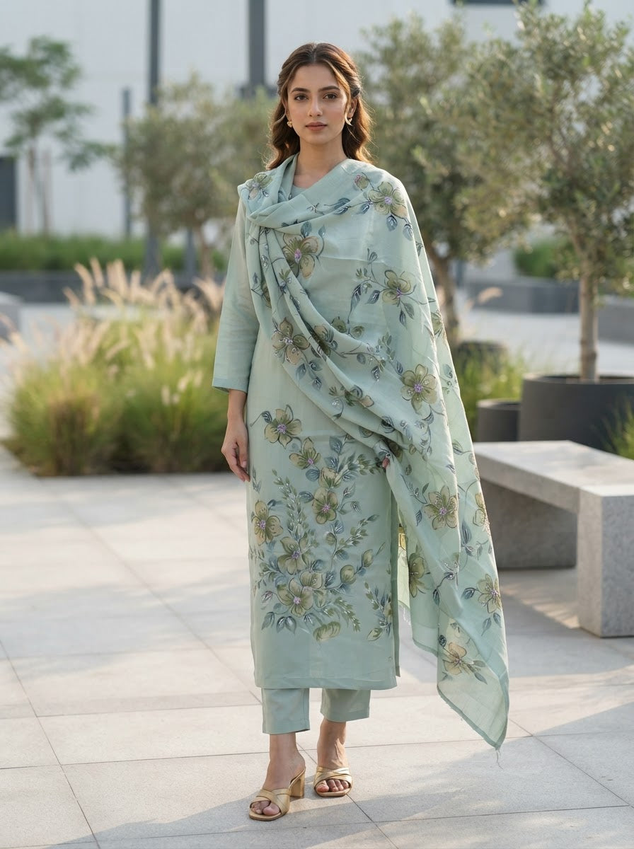 Handpainted Burberry Unstitched Suit Set With Dupatta