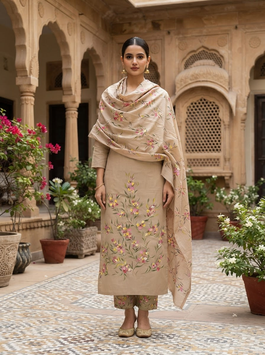 Handpainted Burberry Unstitched Suit Set With Dupatta
