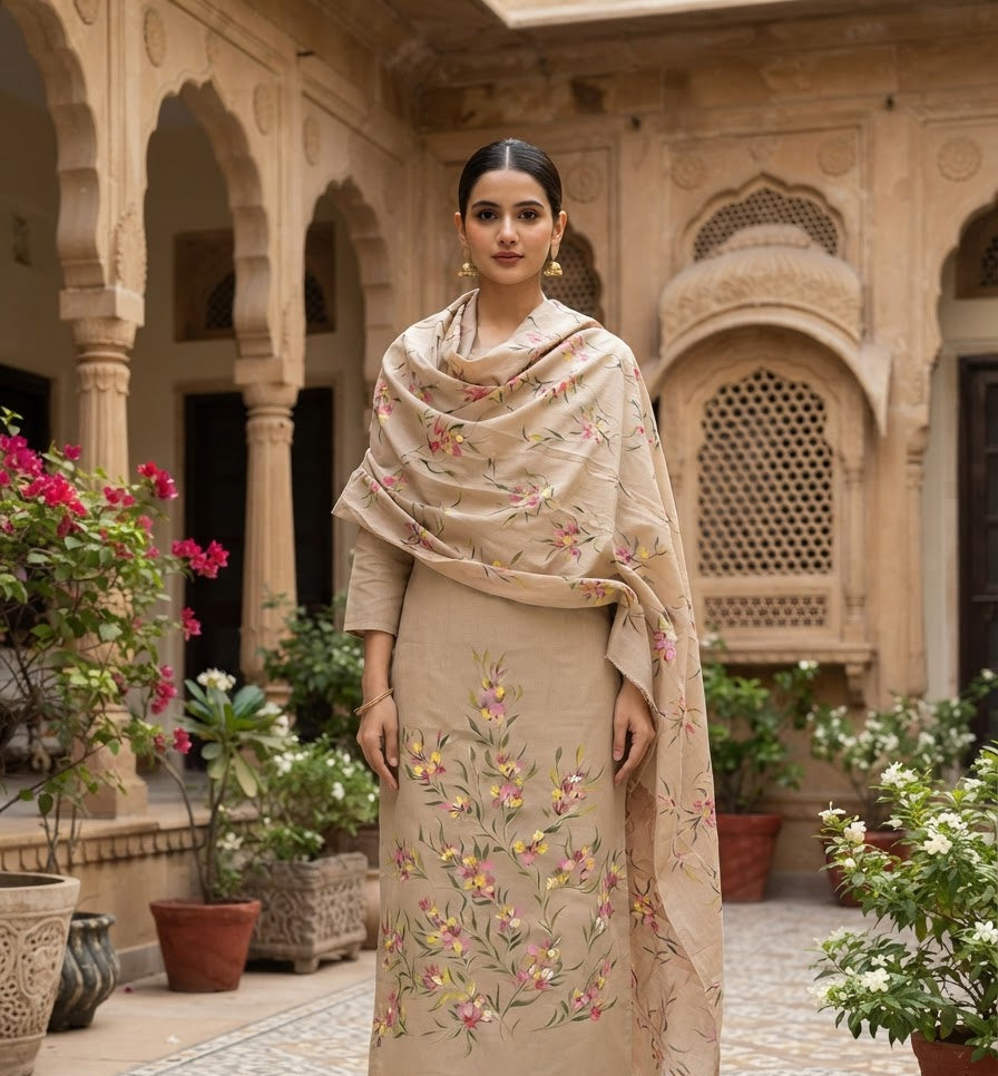 Handpainted Burberry Unstitched Suit Set With Dupatta