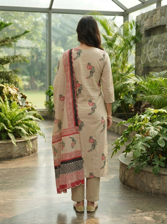 Block Printed Burberry Suit Set With Self Check Dupatta