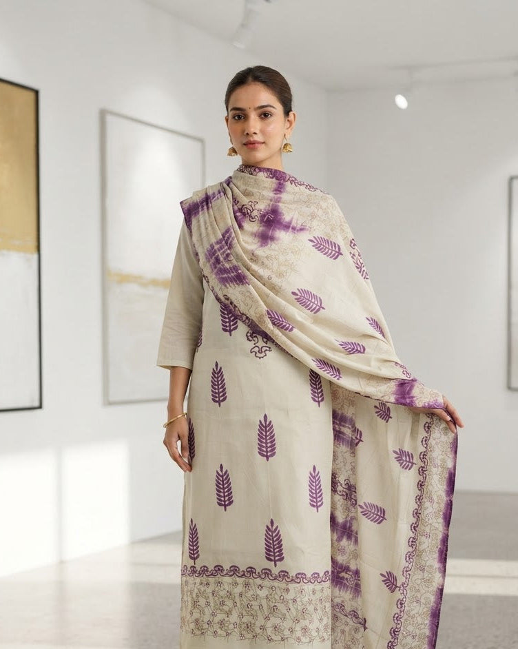 Block Printed Burberry Suit Set With Dupatta