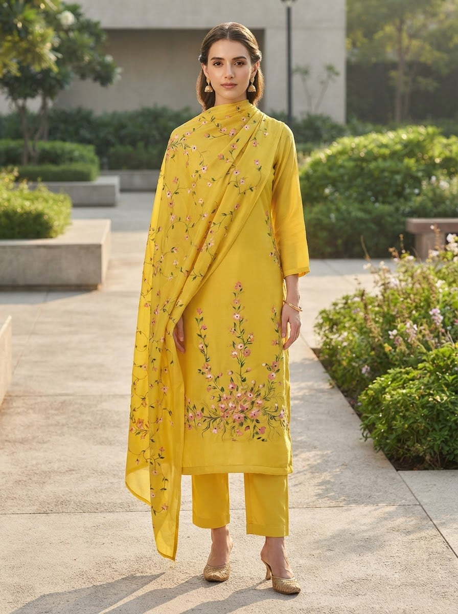 Handpainted Semi Crepe Elegant Yellow Unstitched Suit Set With Semi Chinon Dupatta