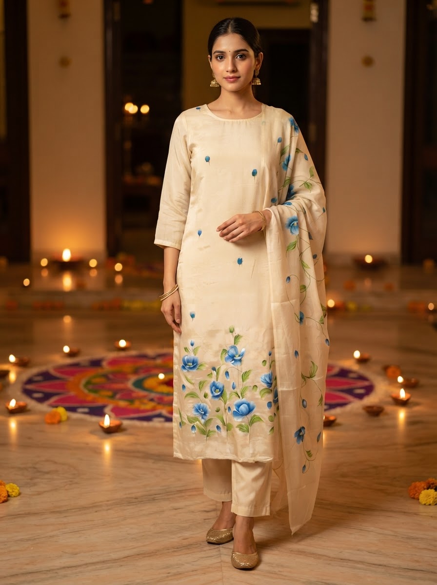 Handpainted Semi Crepe Elegant Beige Unstitched Suit Set With Semi Chinon Dupatta