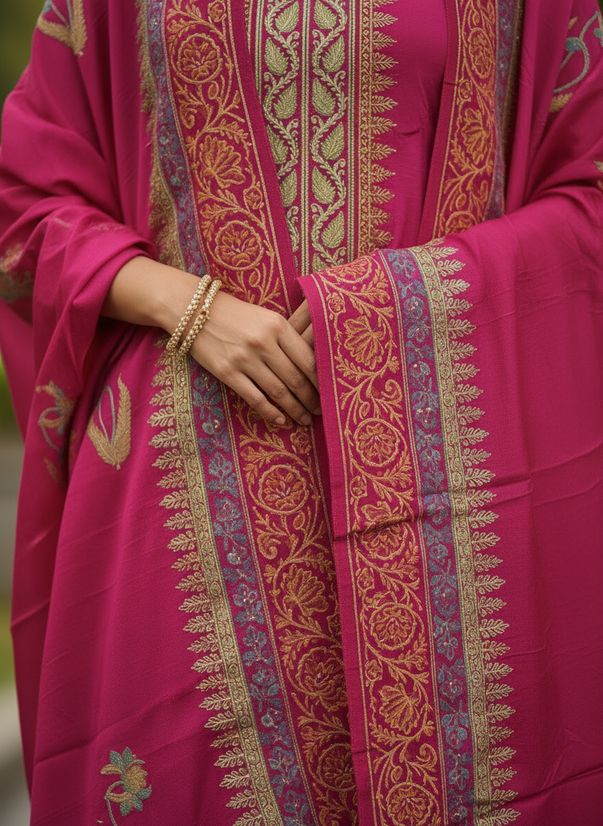 Block Printed Semi Crepe Rani Pink Unstitched Suit Set with Chinon Dupatta