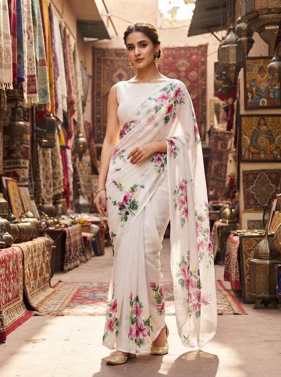 Handpainted Semi Georgette Saree