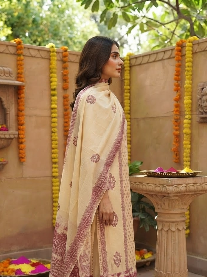 Block Printed Burberry Suit Set With Dupatta