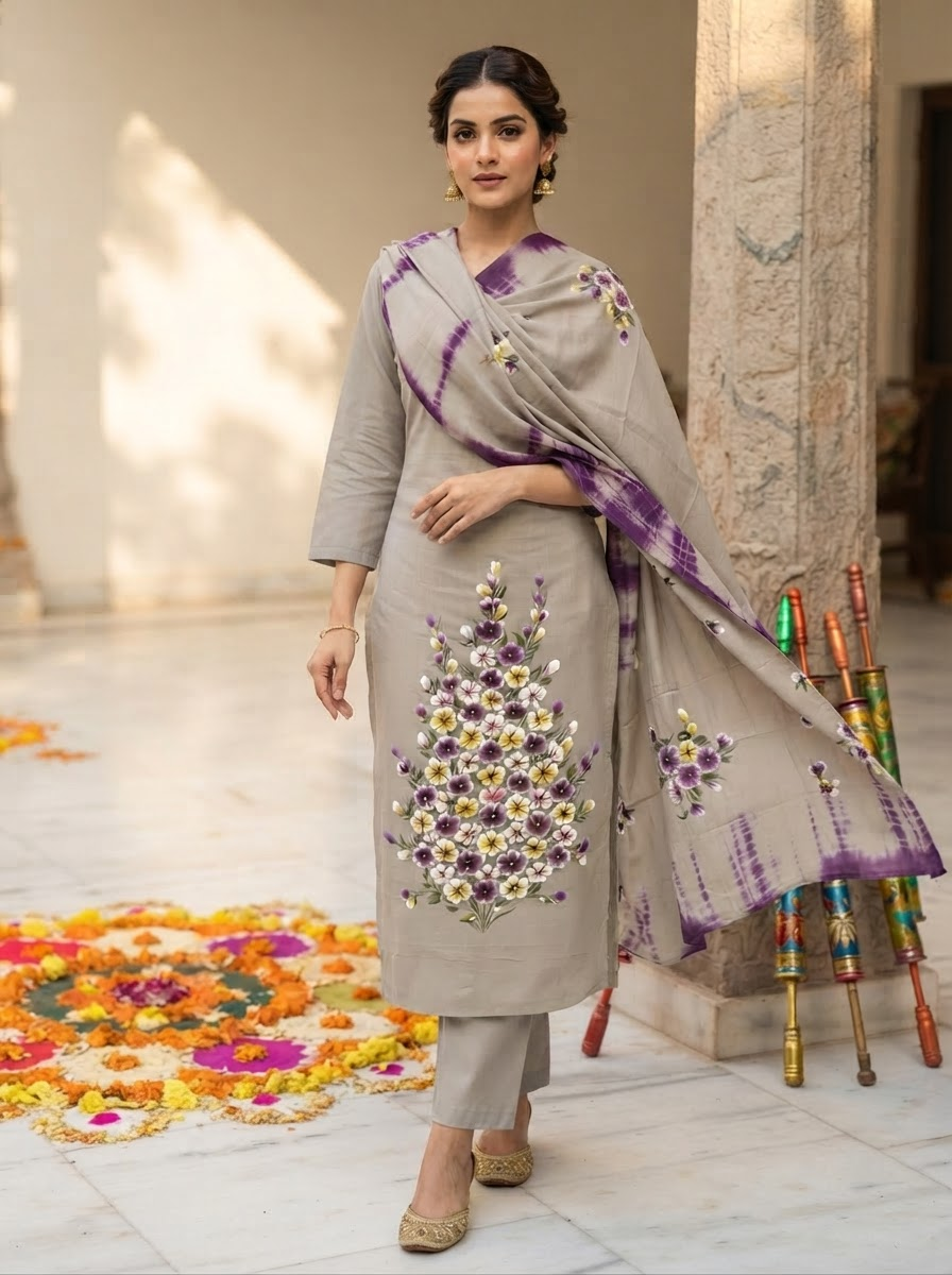 Handpainted Burberry Unstitched Suit Set With Dupatta