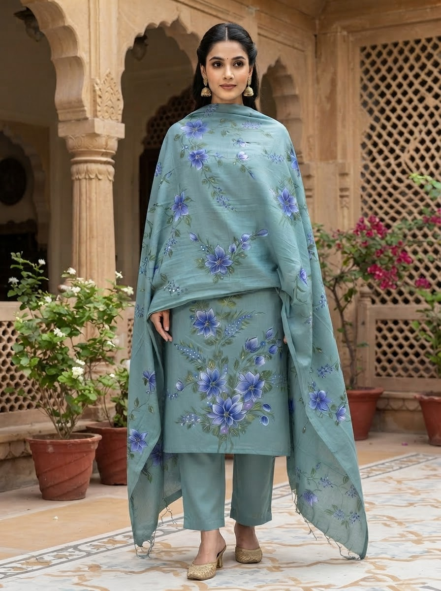 Handpainted Burberry Unstitched Suit Set With Dupatta