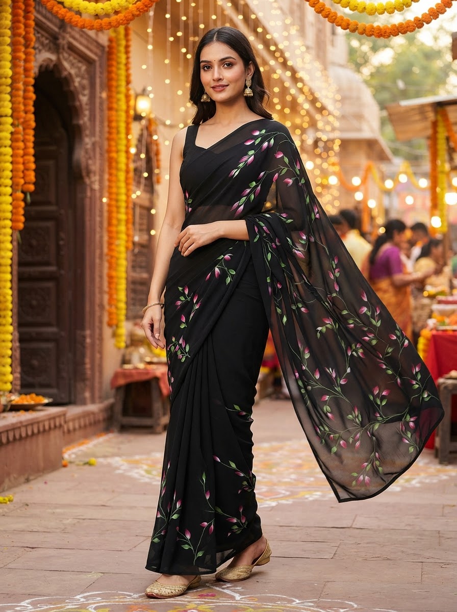 Handpainted Semi Georgette Saree