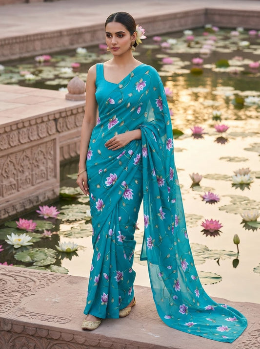 Handpainted  Semi Georgette Saree