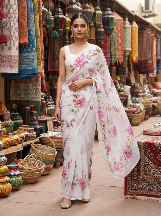 Handpainted Semi Georgette Saree