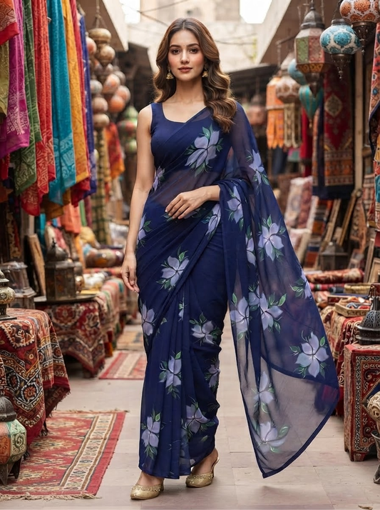 Handpainted Semi Georgette Saree