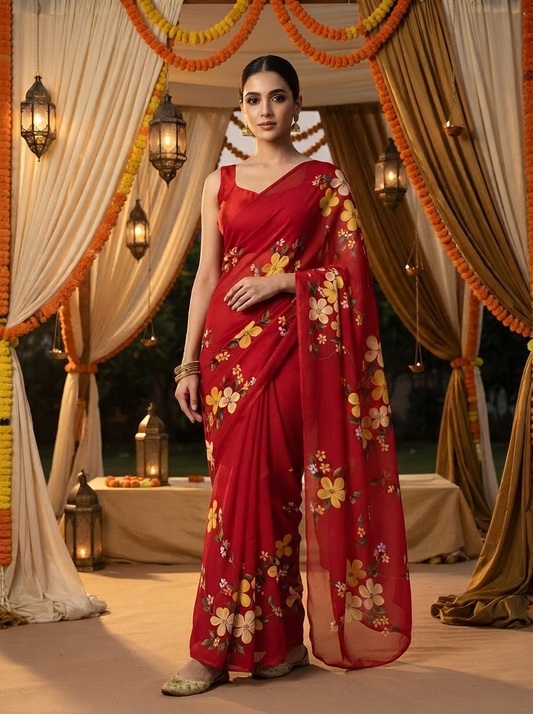 Handpainted Semi Georgette Saree