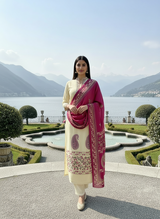 Block Printed Semi Crepe Elegant Cream Unstitched Suit Set with Chinon Dupatta