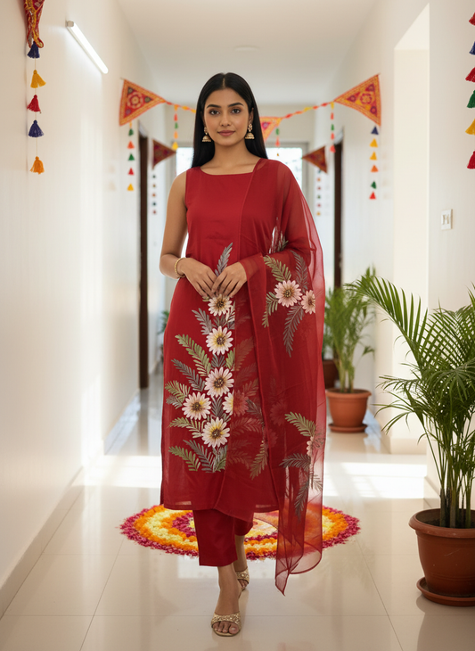 Handpainted Semi Crepe Festive Red Unstitched Suit Set with Chinon Dupatta