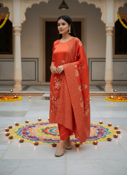 Handpainted Semi Crepe Peach Unstitched Suit Set with Chinon Dupatta