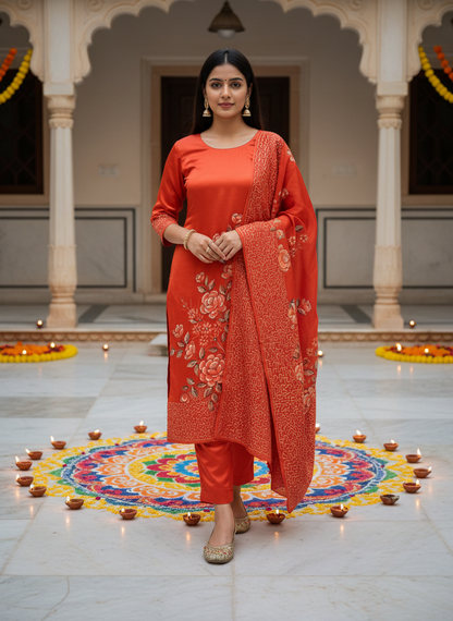 Handpainted Semi Crepe Peach Unstitched Suit Set with Chinon Dupatta