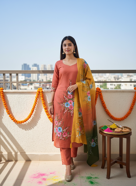 Handpainted Semi Crepe Festive Orange Unstitched Suit Set with Chinon Dupatta