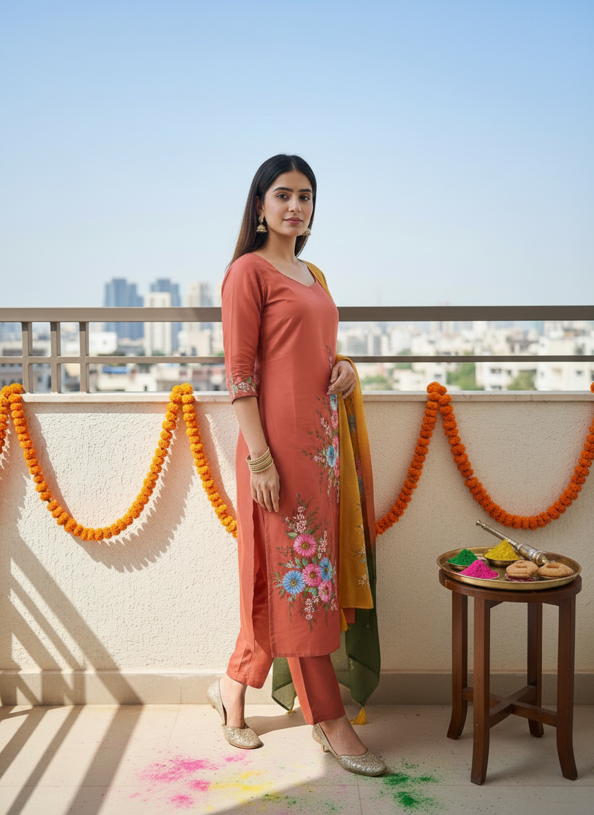 Handpainted Semi Crepe Festive Orange Unstitched Suit Set with Chinon Dupatta