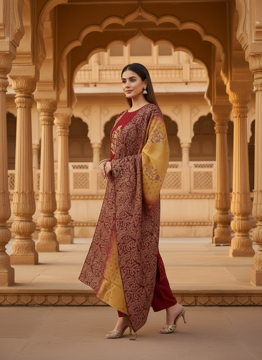 Block Printed Semi Crepe Royal Maroon Unstitched Suit Set with Chinon Dupatta