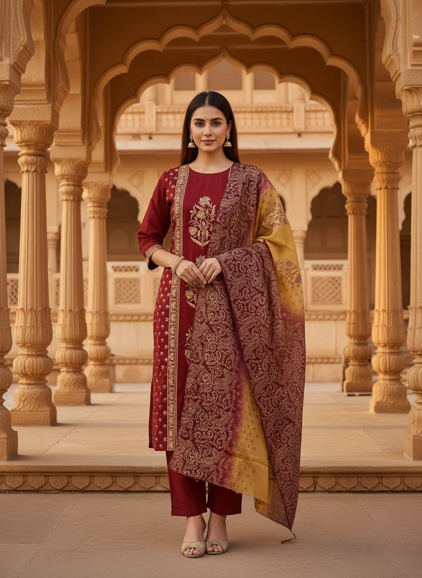 Block Printed Semi Crepe Royal Maroon Unstitched Suit Set with Chinon Dupatta