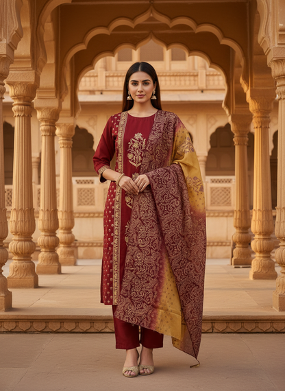 Block Printed Semi Crepe Royal Maroon Unstitched Suit Set with Chinon Dupatta