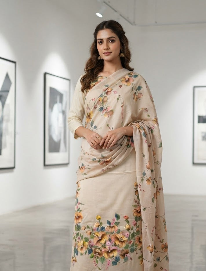 Handpainted Burberry Unstitched Suit Set With Dupatta