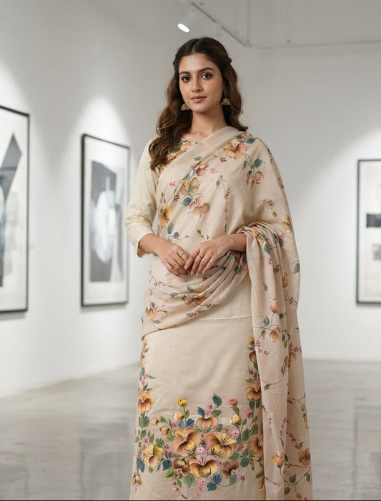 Handpainted Burberry Unstitched Suit Set With Dupatta