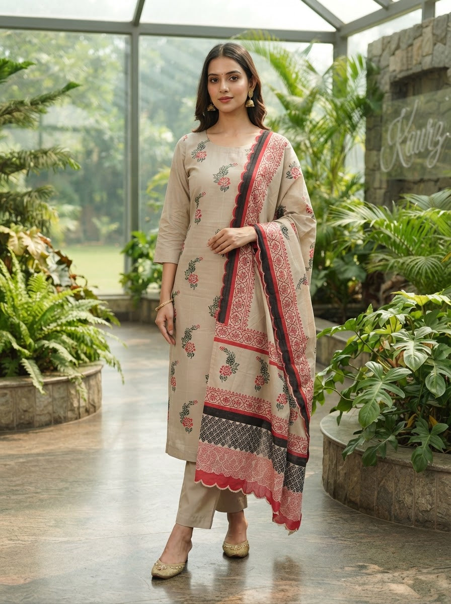 Block Printed  Burberry Suit Set With Dupatta