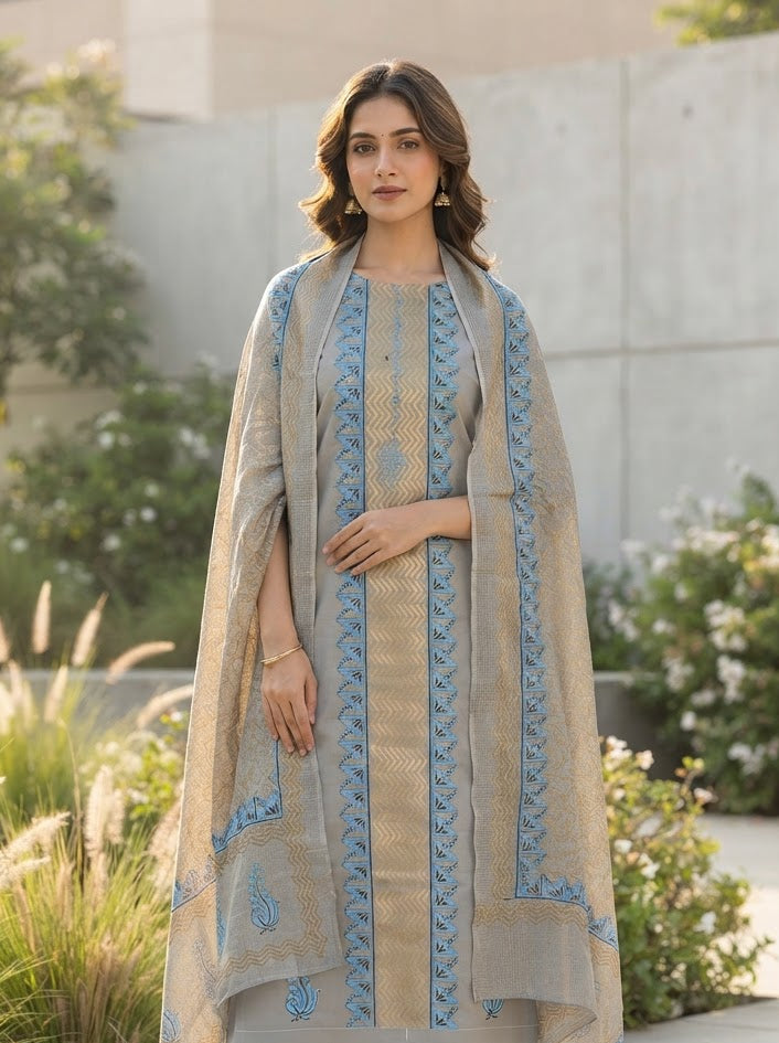 Block Printed Burberry Sut Set With Dupatta