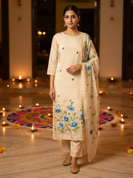 Handpainted Semi Crepe Elegant  Beige Unstitched Suit Set With Semi Chinon Dupatta