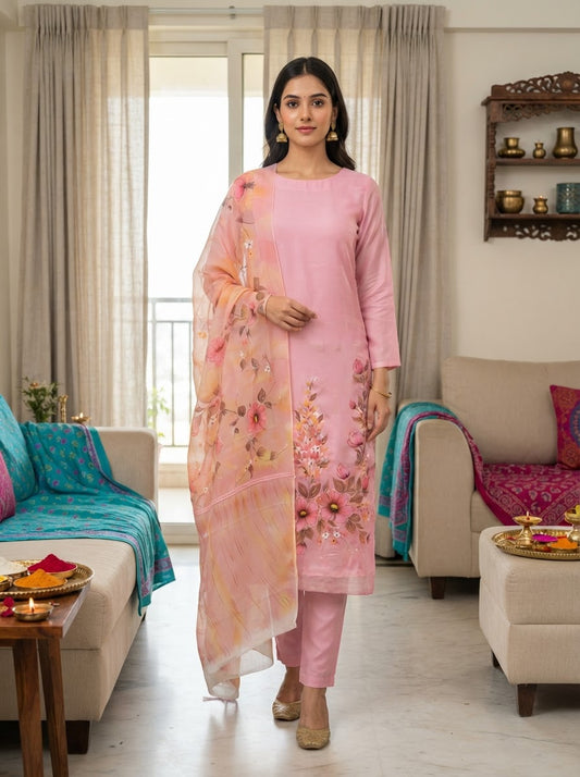 Handpainted Semi Crepe Elegant Pink Unstitched Suit Set With Semi Chinon Dupatta