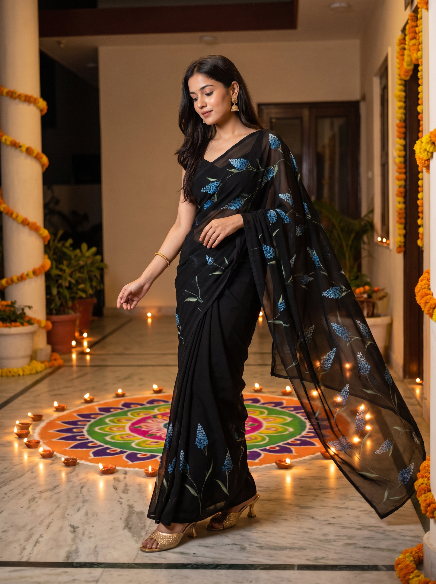 Handpainted Semi Georgette Saree