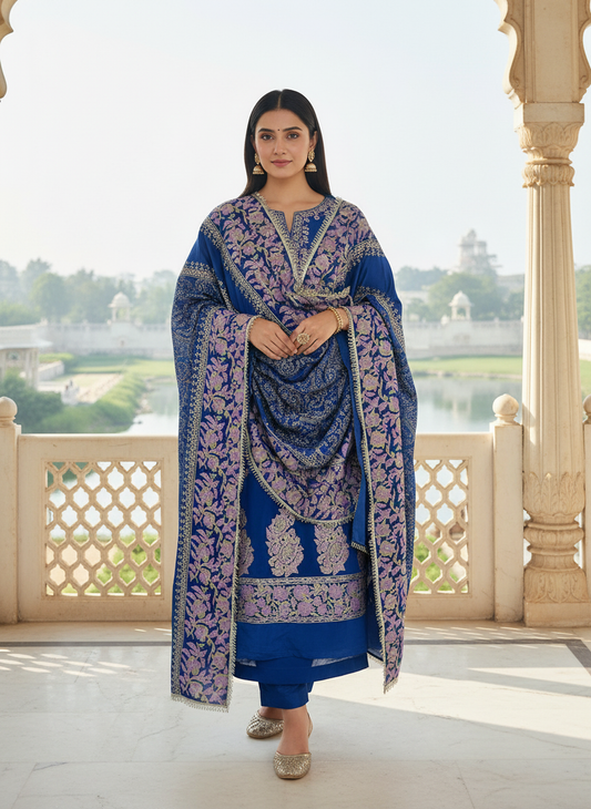 Block Printed Semi Crepe Royal Blue Unstitched Suit Set with Semi Chinon Dupatta