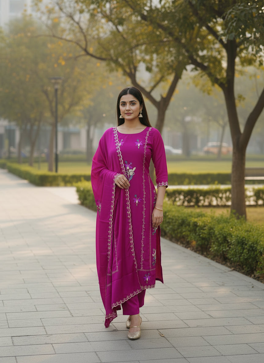 Embroidered Natural Semi Crepe Elegant Unstitched Suit Set with Semi Chinon Dupatta