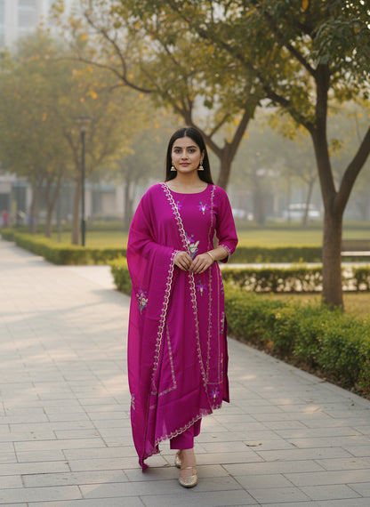 Embroidered Natural Semi Crepe Elegant Unstitched Suit Set with Semi Chinon Dupatta