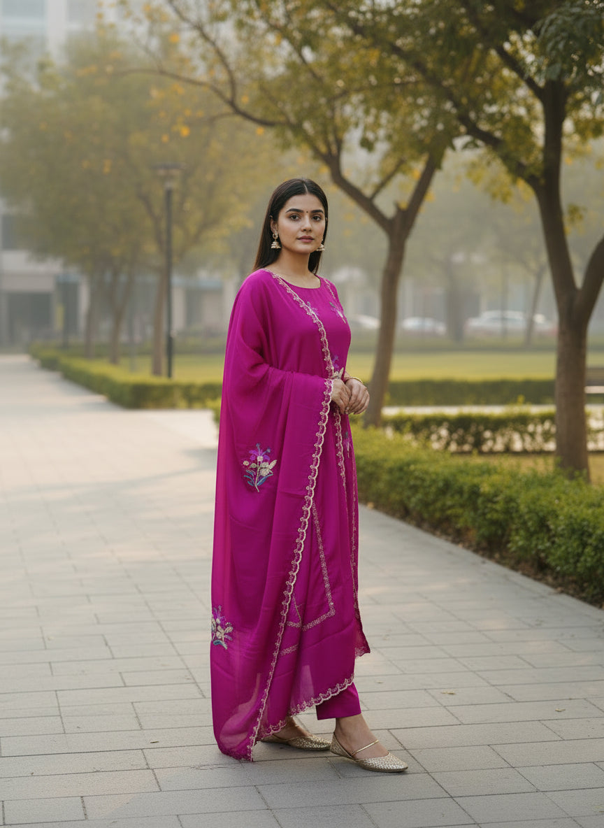 Embroidered Natural Semi Crepe Elegant Unstitched Suit Set with Semi Chinon Dupatta