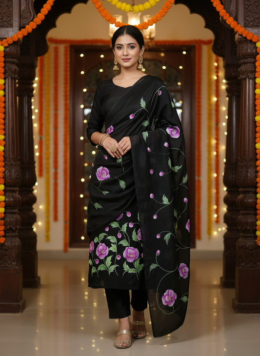 Handpainted Semi Crepe Elegant Black Unstitched Suit Set with Semi Chinon Dupatta