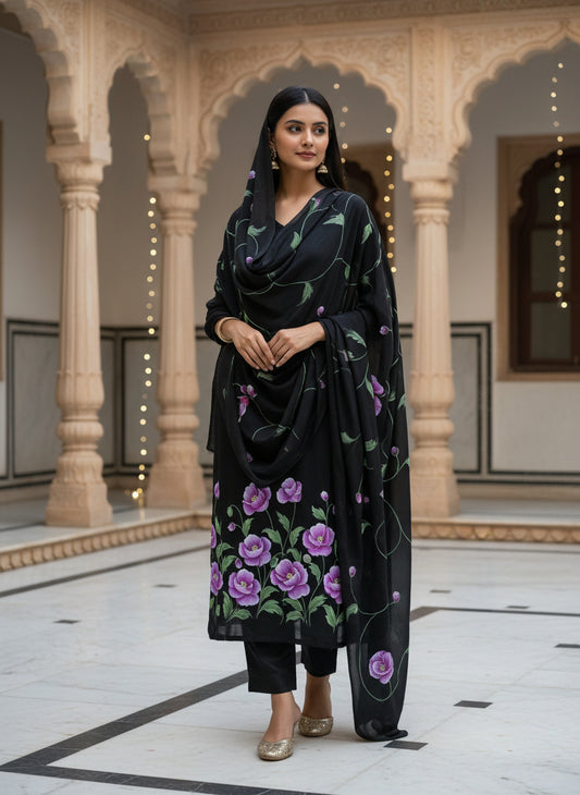 Handpainted Semi Crepe Elegant Black Unstitched Suit Set with Semi Chinon Dupatta