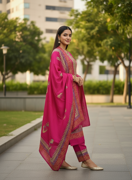 Block Printed Semi Crepe Rani Pink Unstitched Suit Set with Chinon Dupatta