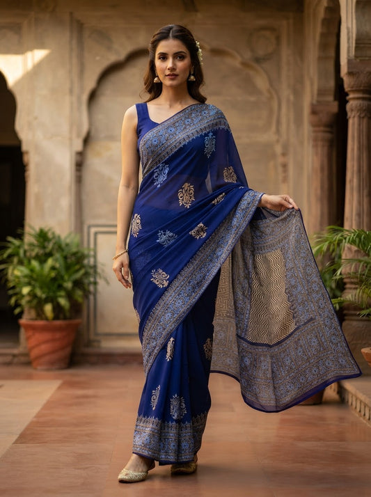 Blockprinted Semi Georgette Saree
