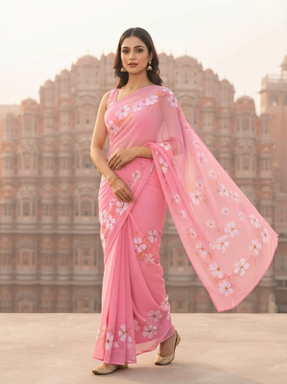 Handpainted Semi Georgette Saree