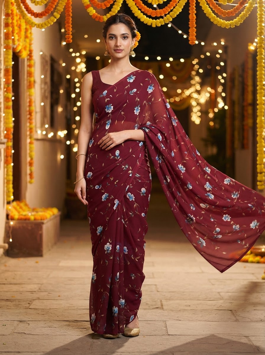 Handpainted Semi Georgette Saree