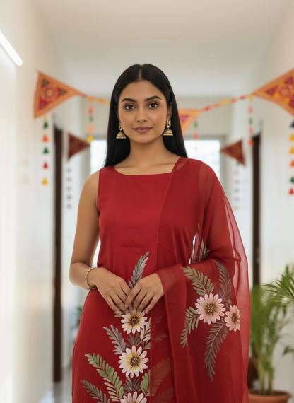 Handpainted Semi Crepe Festive Red Unstitched Suit Set with Chinon Dupatta