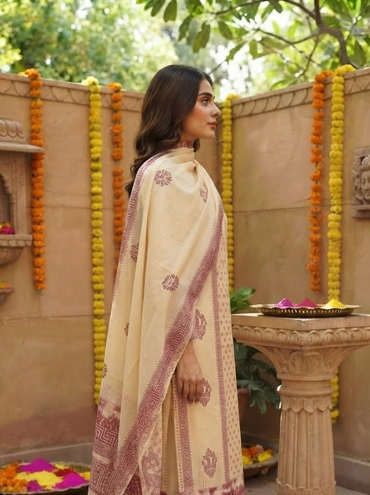 Block  Printed Burberry  Suit Set With Self Check   Dupatta