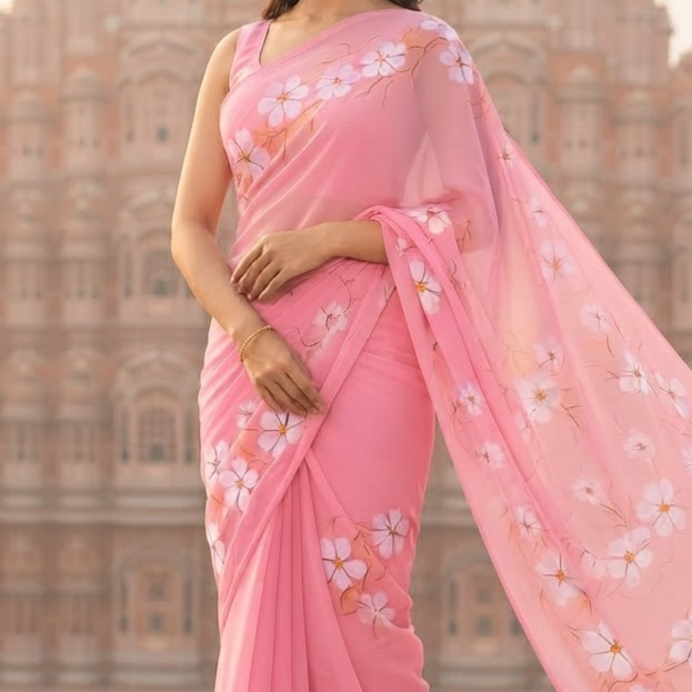 Handpainted Semi Georgette Saree