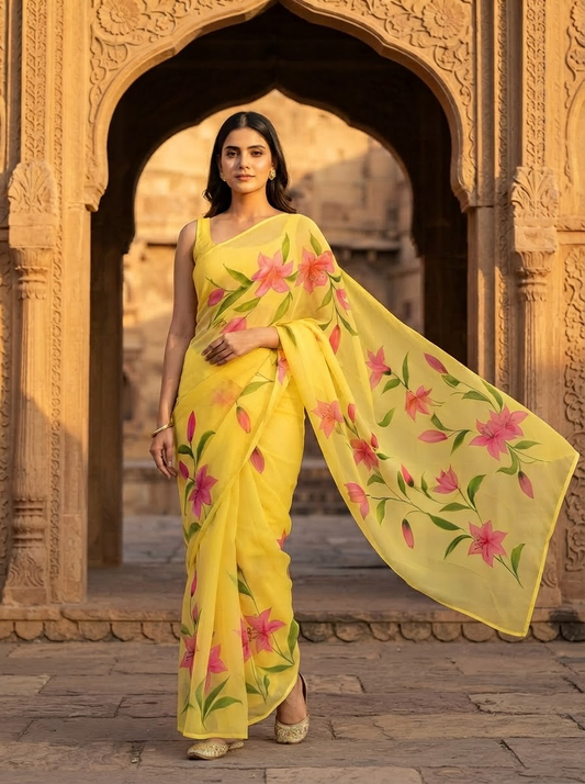 Handpainted Semi Georgette Saree
