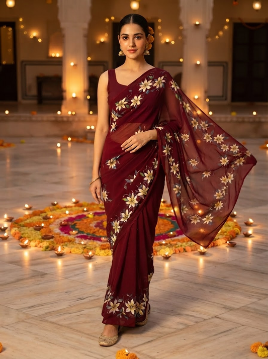 Handpainted Semi Georgette Saree