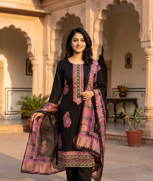 Block Printed Semi Crepe Suit Set With Pure Chinon Dupatta